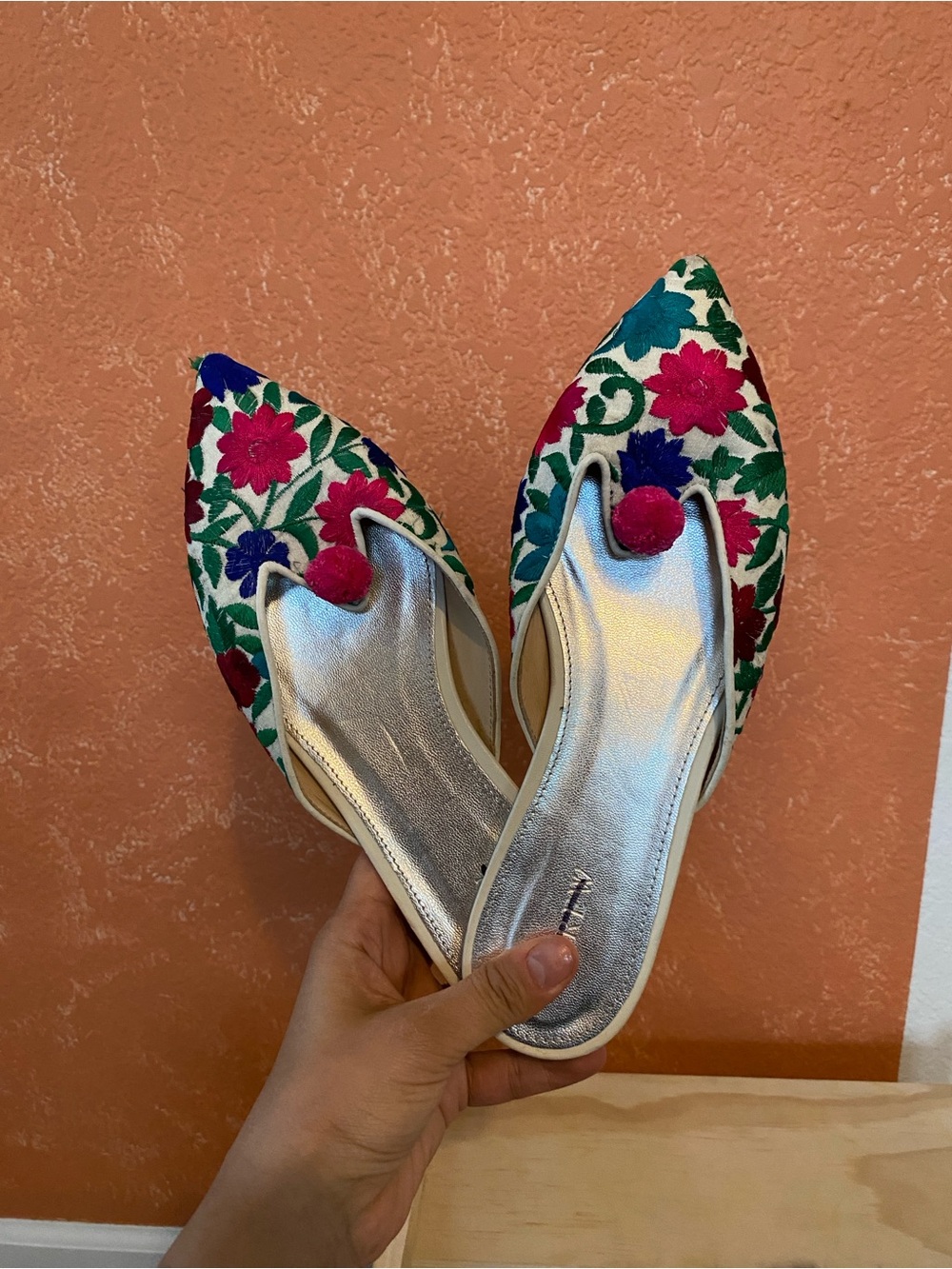 J. Crew Embroidered Floral Pointed Mules in Pink, Blue & Green